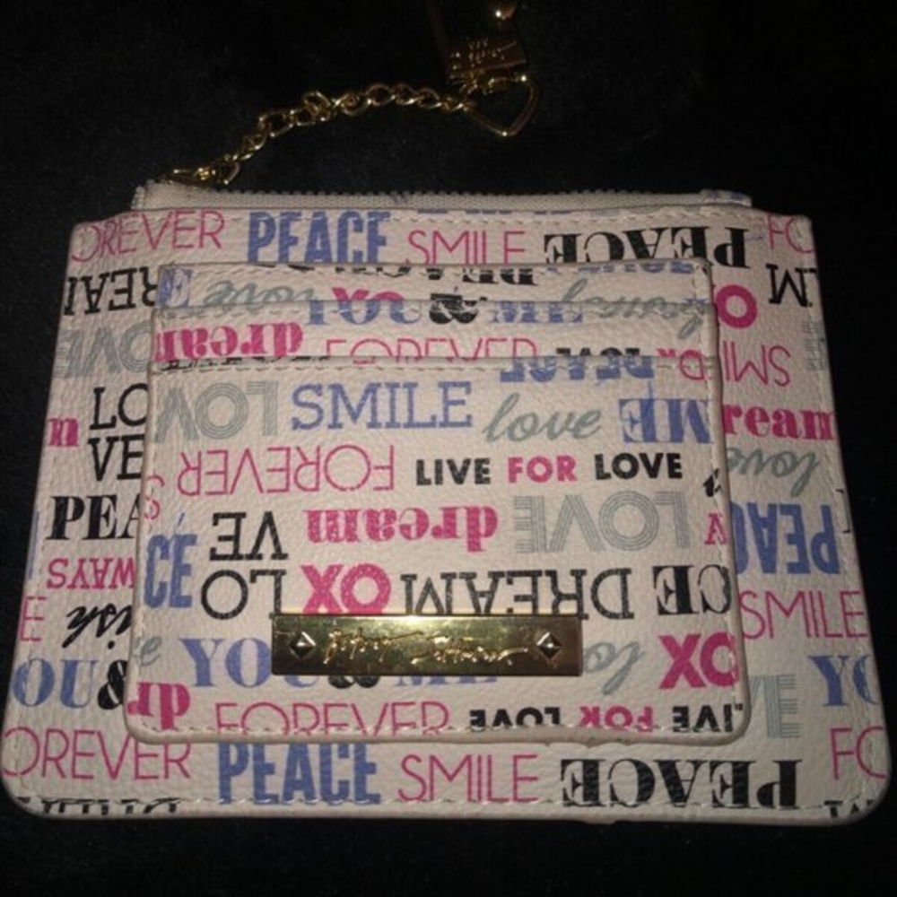 Betsey Johnson‎ Wallet Card Case ID Window & Zip Coin Pouch White Multi Words